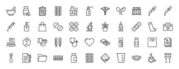 Fototapeta premium Medical line icon set. Vector pictograms of caduceus, mortar, pill bottle, syringe, stethoscope, thermometer, first aid kit, wheelchair, crutches, and stretcher, thin linear illustration.