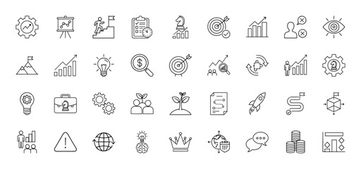 Business strategy line icon set. Vector pictograms of chess knight, charts, targets, lightbulbs, gears, rocket, sprouts, and coins, thin linear illustration.