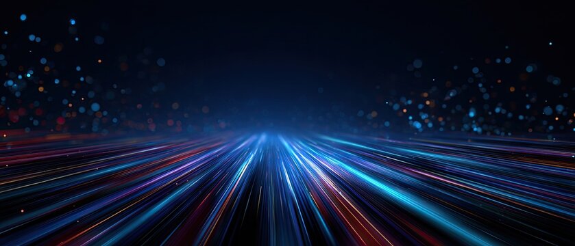 Glowing lines converge towards vanishing point. Bokeh blurs foreground