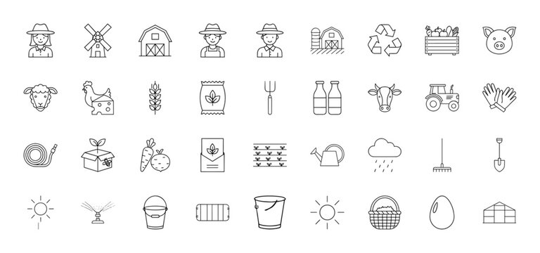 Agriculture line icon set. Vector pictograms of barn, farmers, wheat, tractor, animals, tools, and garden produce, thin linear illustration.