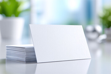 Blank business cards stacked on a glossy desk in bright office light, presenting clean corporate branding concept with space for identity design and modern professional communication theme.