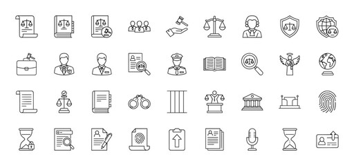 Legal and justice line icon set. Vector pictograms of scales, judge, gavel, law book, officer, lawyer, documents, handcuffs, courthouse, fingerprint, globe, shield, thin linear illustration.