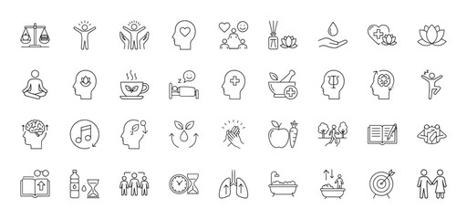Self-care and well-being line icon set. Vector pictograms of human figures, lotus flowers, brain, heart, meditation, sleep, scales, tea cup, and hourglass, thin linear illustration.