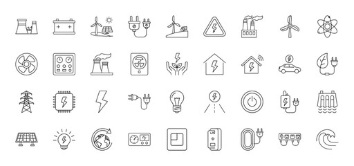 Energy, electricity, and power line icon set. Vector pictograms of wind turbines, solar panels, electric plugs, power plants, lightbulbs, and batteries, thin linear illustration.