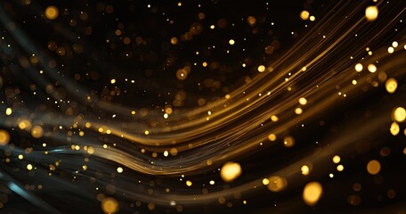 Golden streaks flow amidst a dark backdrop, dotted with bokeh light spheres