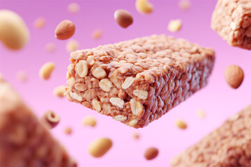 Crunchy peanut granola bar floating among scattered nuts on a vibrant pink background, showcasing sweet snack energy, modern advertising style and healthy on-the-go nutrition.