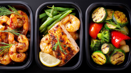 Healthy meal prep containers filled with grilled shrimp, salmon, and colorful vegetables, representing balanced nutrition, clean eating and modern lifestyle food choices.