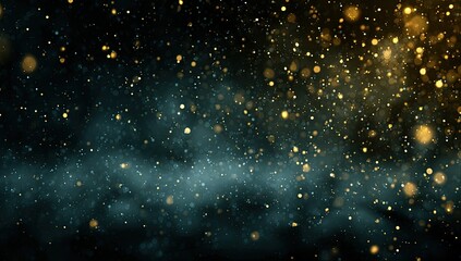 Golden and teal glittery particles float in space on a dark, hazy background