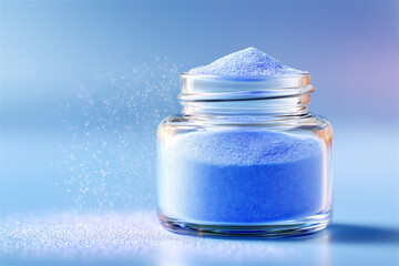 Glass jar filled with fine blue powder on a clean gradient background, symbolizing supplement mix, health product, modern wellness trend and minimalistic laboratory-inspired style.