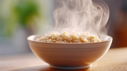 Steaming bowl of hot oatmeal in natural morning light, conveying comfort, warmth and wholesome breakfast nutrition through a cozy, home-style food presentation.