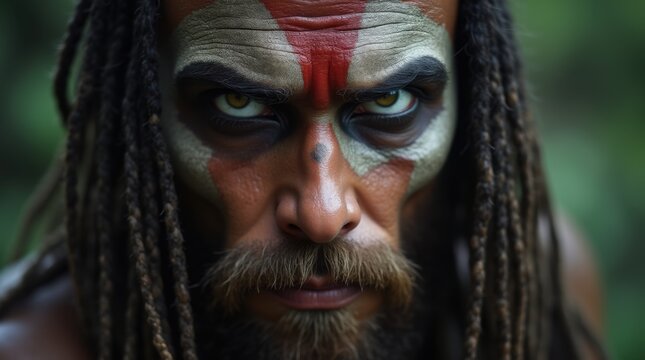 Intense warrior or hunter gaze with tribal face paint and long hair, ancient man closeup