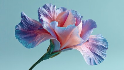 Ethereal iridescent flower with flowing petals on a soft aqua background