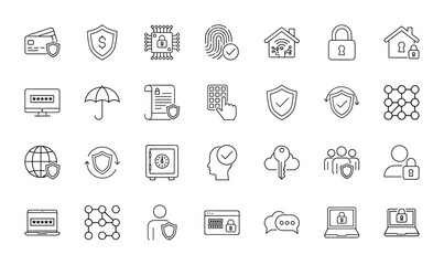 Cybersecurity line icon set. Vector pictograms of shield, padlock, smart home, credit card, fingerprint, laptop, cloud, safe, and network, thin linear illustration.