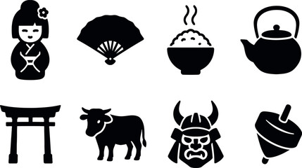 Japanese cultural icons kokeshi fan rice teapot torii gate cow samurai helmet spinning top