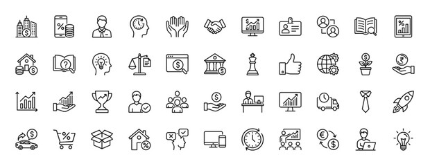 Business and finance line icon set, featuring pictograms of mobile banking, growth, global operations, shopping, delivery, currency, and teamwork.