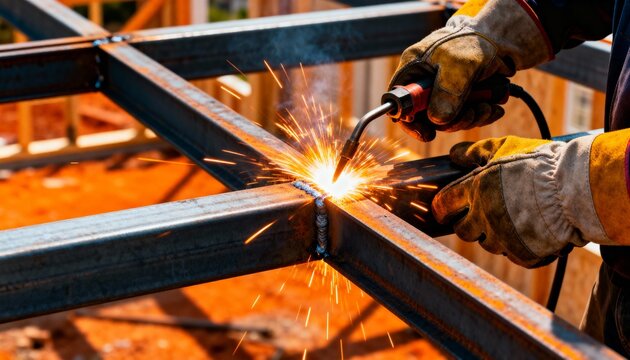 A construction worker welds a metal frame, producing bright orange sparks and molten light, showcasing fabrication work on site.