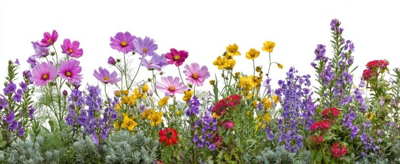 Colorful wildflower meadow with pink, yellow, red, purple blooms on white
