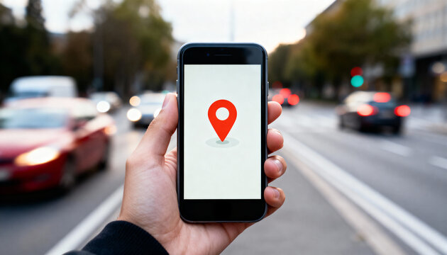 Hand holding smartphone displaying a red location map pin icon against a blurred backdrop of city traffic.