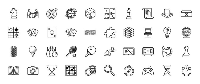 Games, sports, and hobbies line icon set. Vector pictograms of chess, cards, dice, golf, bowling, puzzles, arcade, art, and music, thin linear illustration.