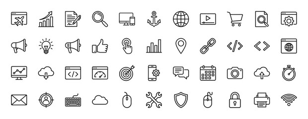 Digital marketing and web services line icon set. Vector pictograms of search, globe, shopping cart, megaphone, analytics, cloud, mail, and settings, thin linear illustration.