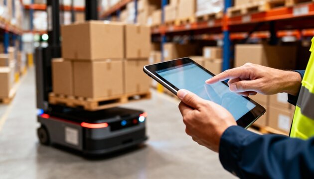 Close-up of a logistics worker controlling an automated warehouse robot carrying packages via a tablet. - Powered by Adobe