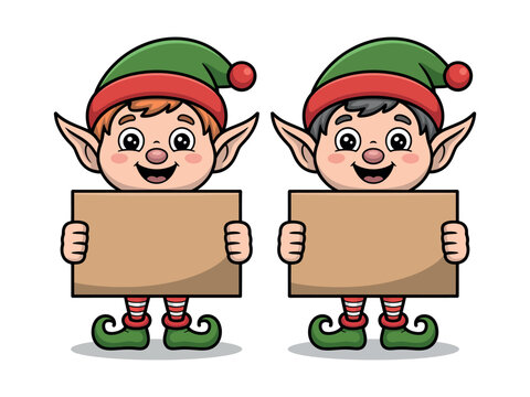 Two cute cartoon elves holding blank cardboard signs for text or graphics