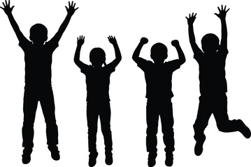Jumping children silhouette, expressive motion, joyful pose set, black on white, playful gesture, childhood energy, dynamic movement, celebration icon, active youth