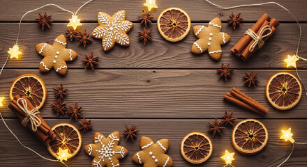 Festive Christmas gingerbread cookies and spices arranged on a rustic wooden surface with string lights creating a warm holiday atmosphe
