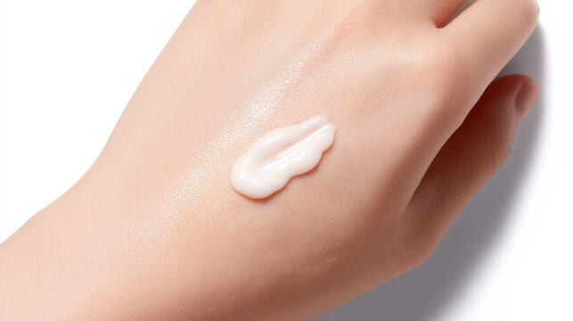 Gentle cleansing milk applied on glowing skin, close up of creamy texture on hand, skincare product for sensitive skin, moisturizing and soothing effect