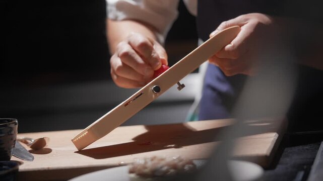 A person is using a mandolin to slice vegetables. Concept of precision and focus as the person carefully slices the vegetables. The mandolin, a kitchen tool used for slicing and shredding