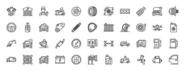Fototapeta premium Automotive line icon set. Vector pictograms of car engine, brake, tire, mechanic, garage, steering, fuel pump, and diagnostics, thin linear illustration.