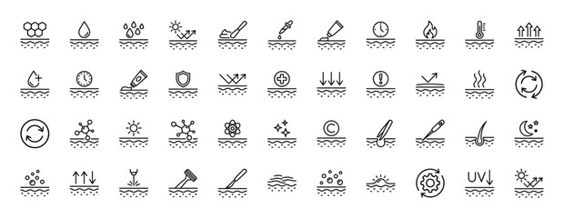 Dermatology and skincare line icon set. Vector pictograms of hydration, protection, sun, regeneration, molecules, hair, and cosmetic treatments, thin linear illustration.