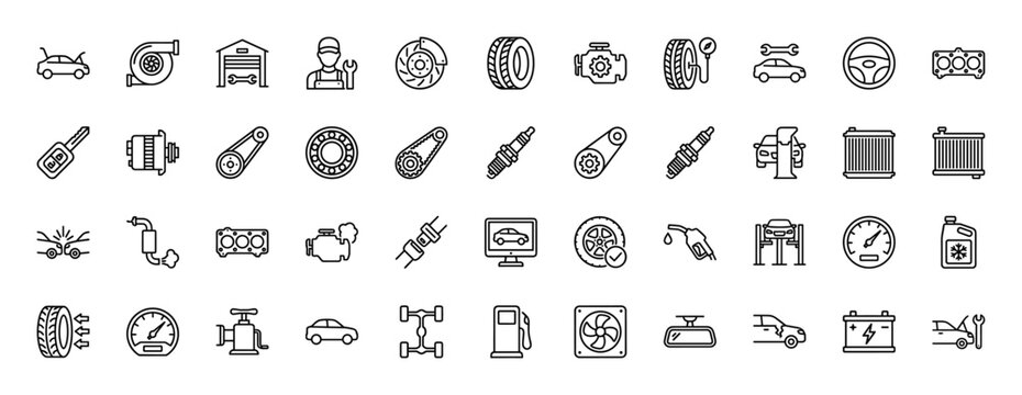 Automotive service line icon set. Vector pictograms of engine, brake disc, tire, mechanic, car key, fuel pump, battery, radiator, and diagnostics, thin linear illustration.