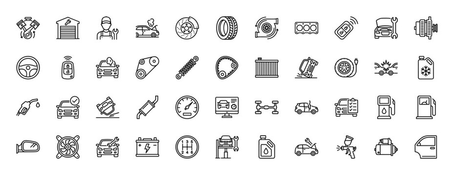 Automotive line icon set. Vector pictograms of car engine, brake, tire, mechanic, garage, steering, fuel pump, and diagnostics, thin linear illustration.