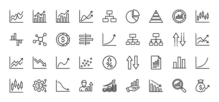 Business and data analytics icon set. Vector pictograms of bar charts, line graphs, pie charts, organizational charts, financial growth, and market analysis symbols, thin linear illustration.