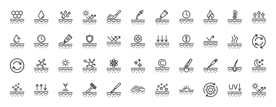 Dermatology and skincare line icon set. Vector pictograms of hydration, protection, sun, regeneration, molecules, hair, and cosmetic treatments, thin linear illustration.