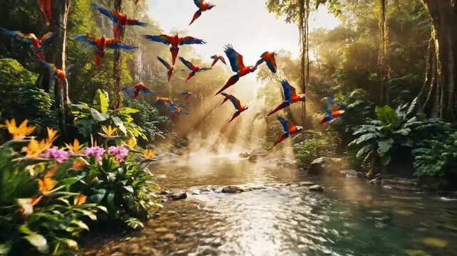 Vibrant jungle with flying parrots and a serene stream