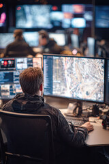 A focused individual analyzes data on multiple screens in a high-tech environment, showcasing modern technology and surveillance.