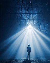 A mysterious silhouette stands under dramatic beams of light, creating an atmospheric and captivating scene.