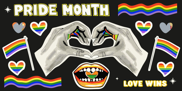 Pride month celebration with rainbow flags hearts and hands making heart shape - Powered by Adobe