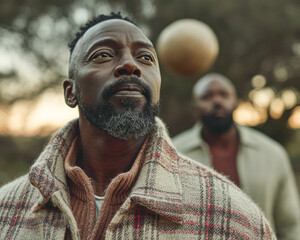 A thoughtful man gazes upward as a ball flies in the background, capturing a moment of contemplation and connection in nature.