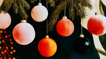 Festive Christmas ornaments hanging from evergreen branches with a dark background. Colorful baubles adorn a Christmas tree, creating a joyful and celebratory atmosphere for the holiday season.