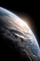 A stunning view of Earth from space, showcasing the curvature, atmosphere, and sunlight illuminating the surface.