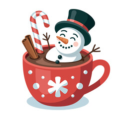 A cheerful snowman enjoys a hot chocolate in a festive mug with a candy cane.