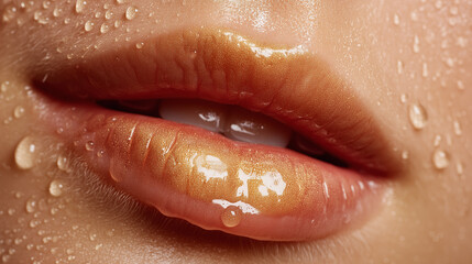 Obraz premium Glossy lips with golden highlights water droplets sensual closeup radiant skin macro beauty soft reflections natural makeup smooth texture moist alluring