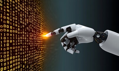 Conceptual technology represents robotic arm reaching into binary code interface