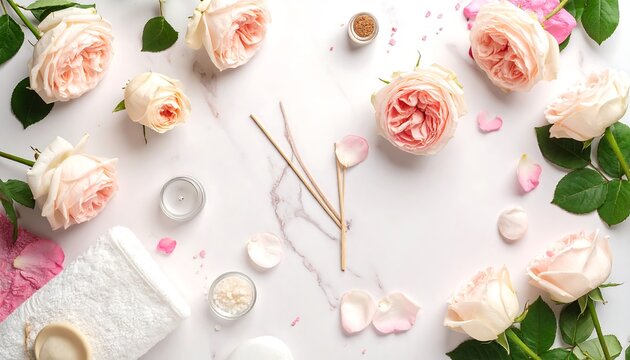 Pale pink roses, towel, and aromatherapy items scattered on a white marble surface - Powered by Adobe