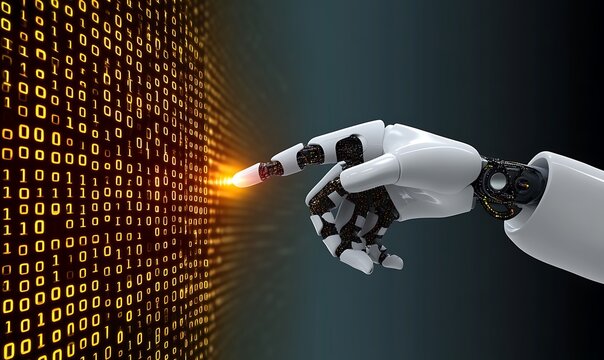 Conceptual technology represents robotic arm reaching into binary code interface