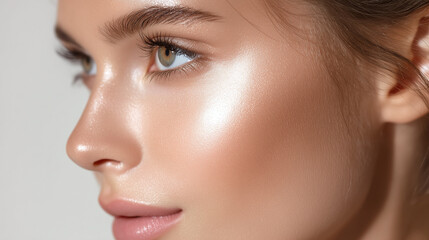 Luminous skin closeup soft diffused light smooth texture natural makeup glowing complexion healthy youthful face radiant cheek clear pores beauty serene expression