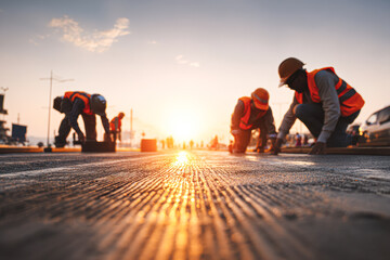 Workers in safety gear lay pavement at sunrise, highlighting teamwork and construction efforts.